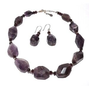 BARSE Sterling Silver 925 Amethyst Facet Stone Chunky Necklace & Earrings Set